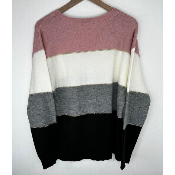 Halston Women Colorblock Stripe V-Neck Pullover Sweater Size Medium Gold Shimmer - Picture 2 of 7